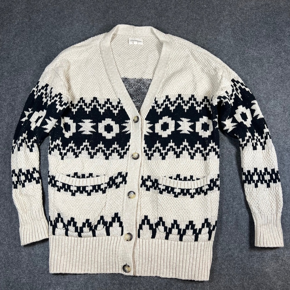 Lucky Brand Women Southwestern Geometric Knit Cardigan Sweater Cream Black‎ M